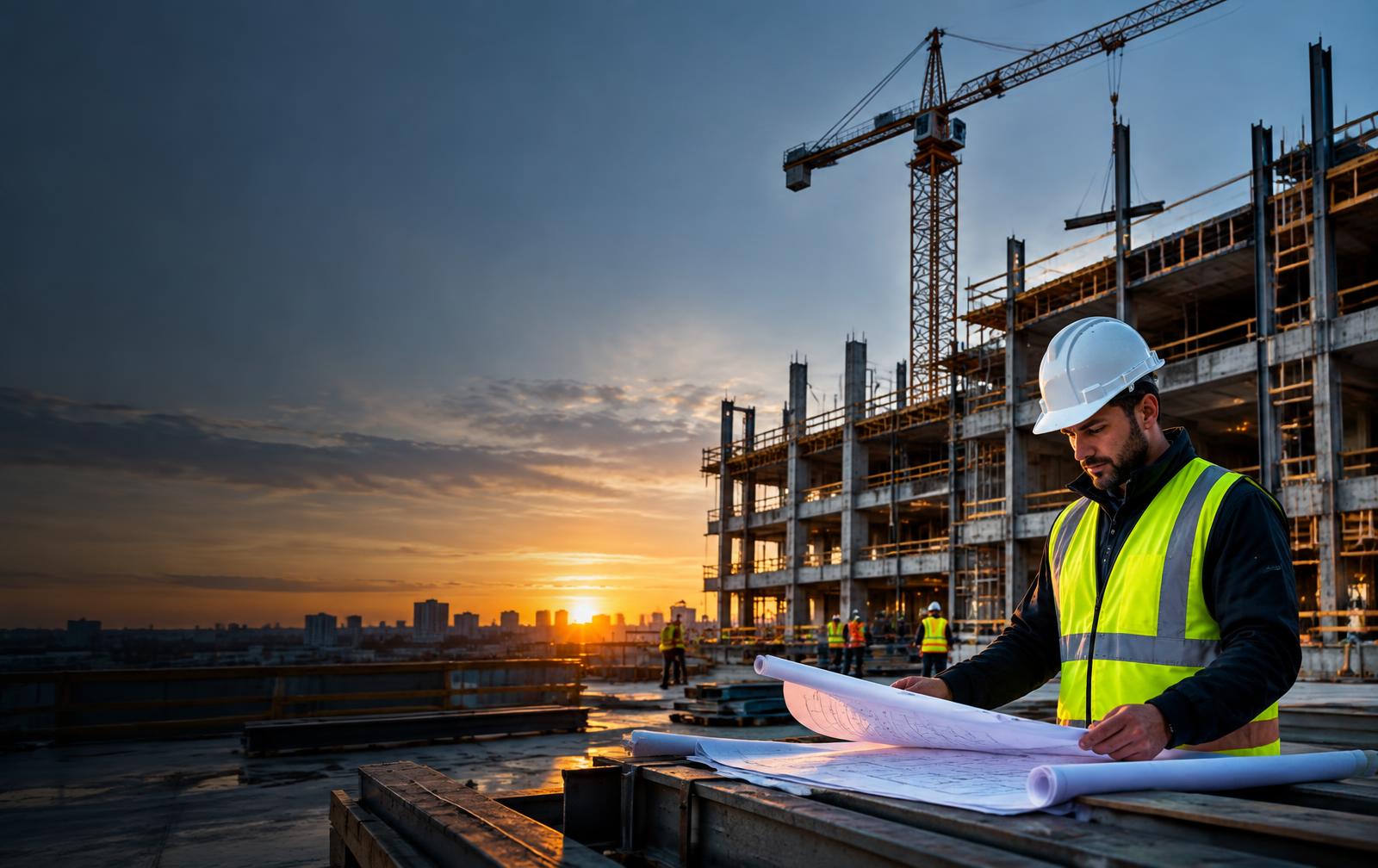 General contractor reviewing construction plans on an active commercial jobsite